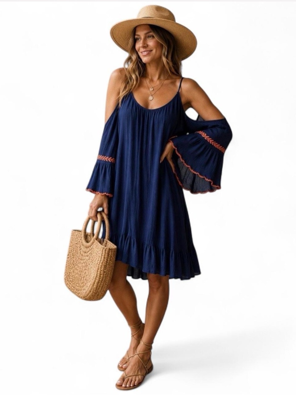 Cover-up Umgee Navy Cold Shoulder Embroidered Boho Dress